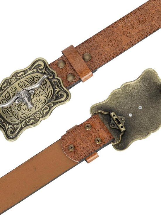 Women's Brown 2 Western Pu Leather Longhorn Bull Turquoise Embossed Buckle Belt - Picture 3 of 7